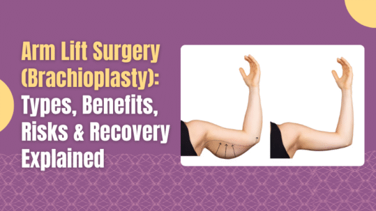 Arm lift surgery (Brachioplasty) illustrated with before and after images showing toned arms; blog title highlights types, benefits, and recovery.