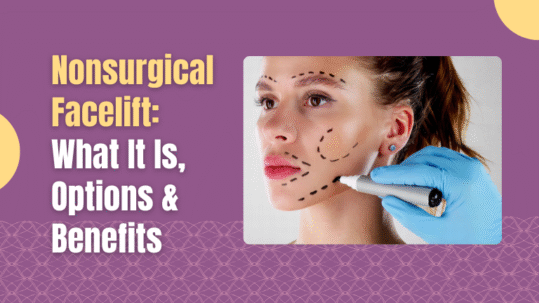 A woman receiving a nonsurgical facelift marking on her face with a cosmetic pen, representing facial contouring treatment