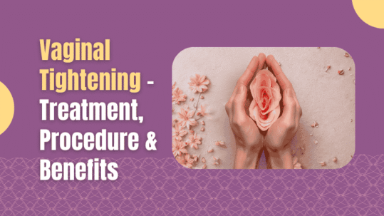 Image showing hands holding a rose, symbolizing vaginal care, with text 'Vaginal Tightening - Treatment, Procedure & Benefits'.