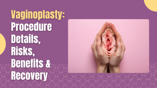 Illustration for vaginoplasty blog showing hands gently holding a rose symbolizing female anatomy, with text highlighting procedure details, risks, benefits, and recovery.