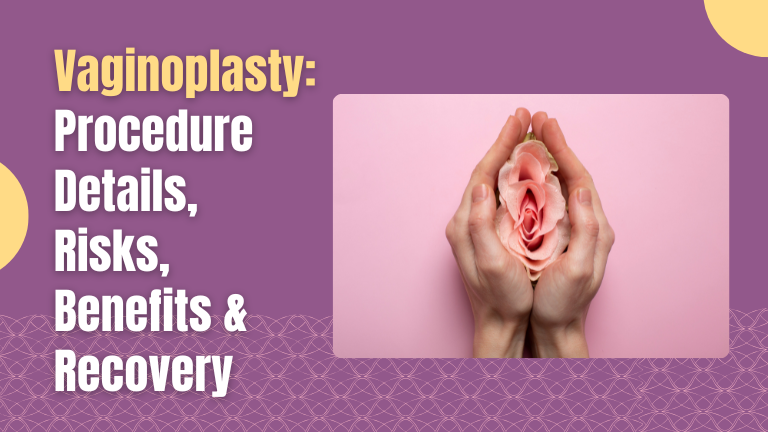 Illustration for vaginoplasty blog showing hands gently holding a rose symbolizing female anatomy, with text highlighting procedure details, risks, benefits, and recovery.